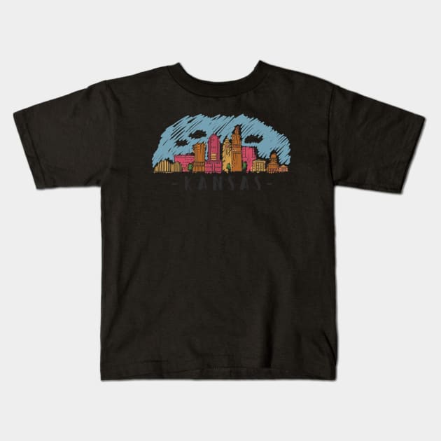 Kansas City USA Skyline Oneline America Outline Kids T-Shirt by amango